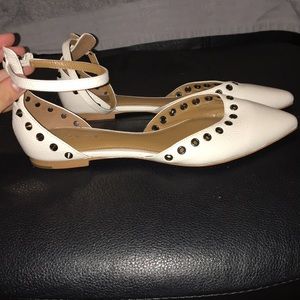 Light pink black studded wrap around ankle flats